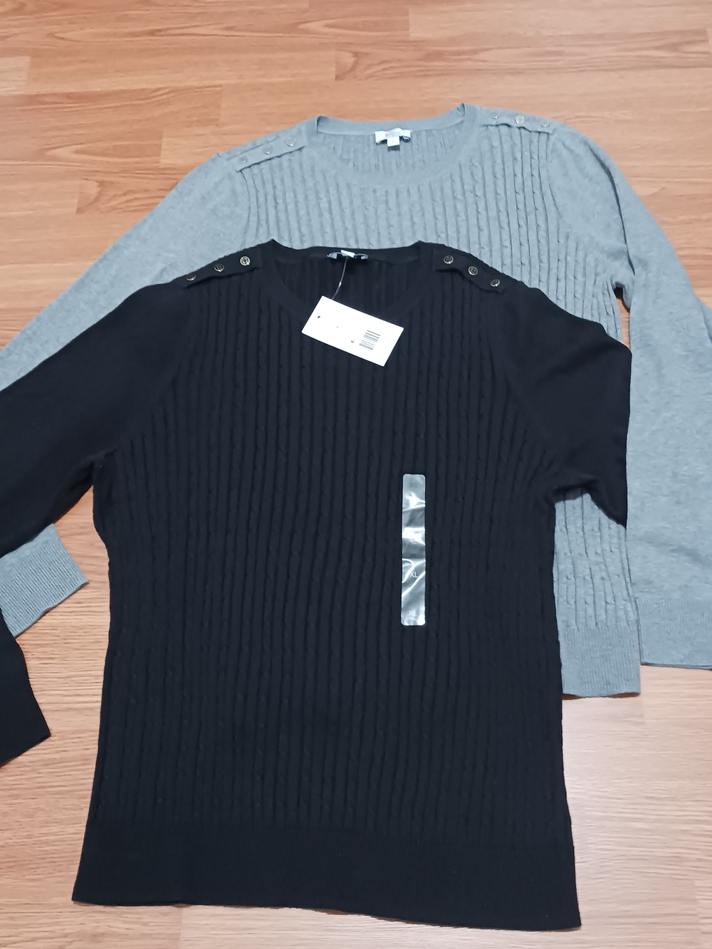 Kim Rogers Black Crewneck Ribbed Sweater with Button Shoulder